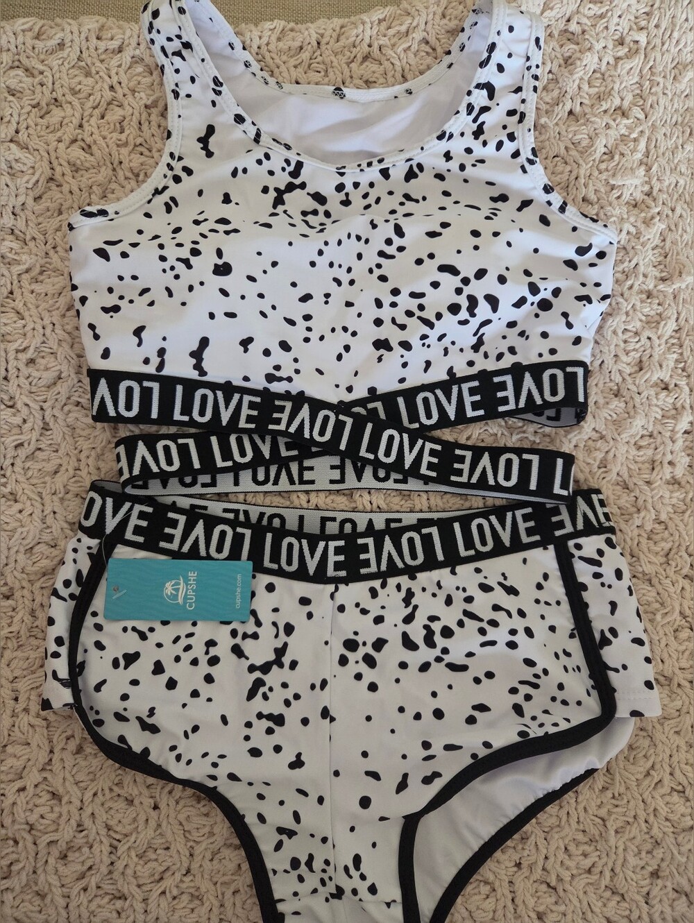 LOVE Logo Black & White Dalmatian Print Cupshe Swim Set